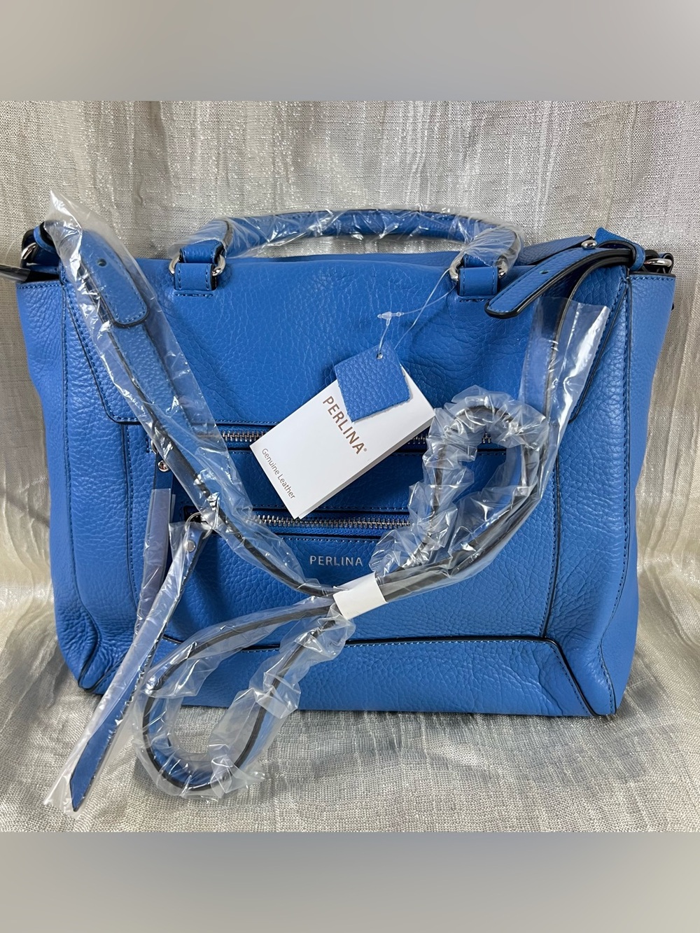 NWT Perlina Drew Satchel Blue Genuine Leather Crossbody Shoulder Bag